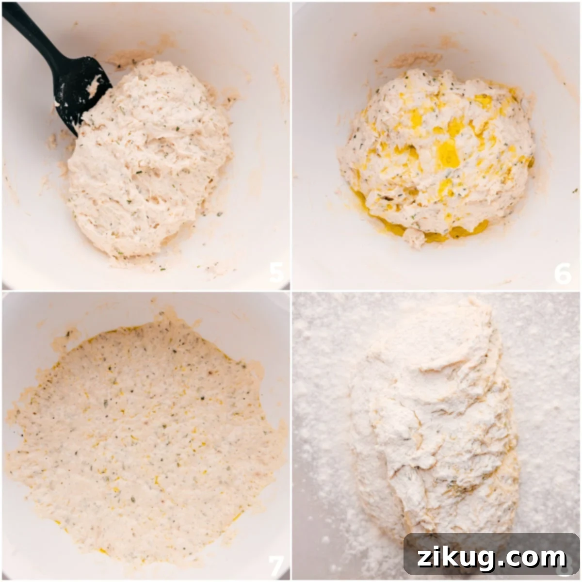 The dough is mixed, left to rise, and then placed on a floured surface.