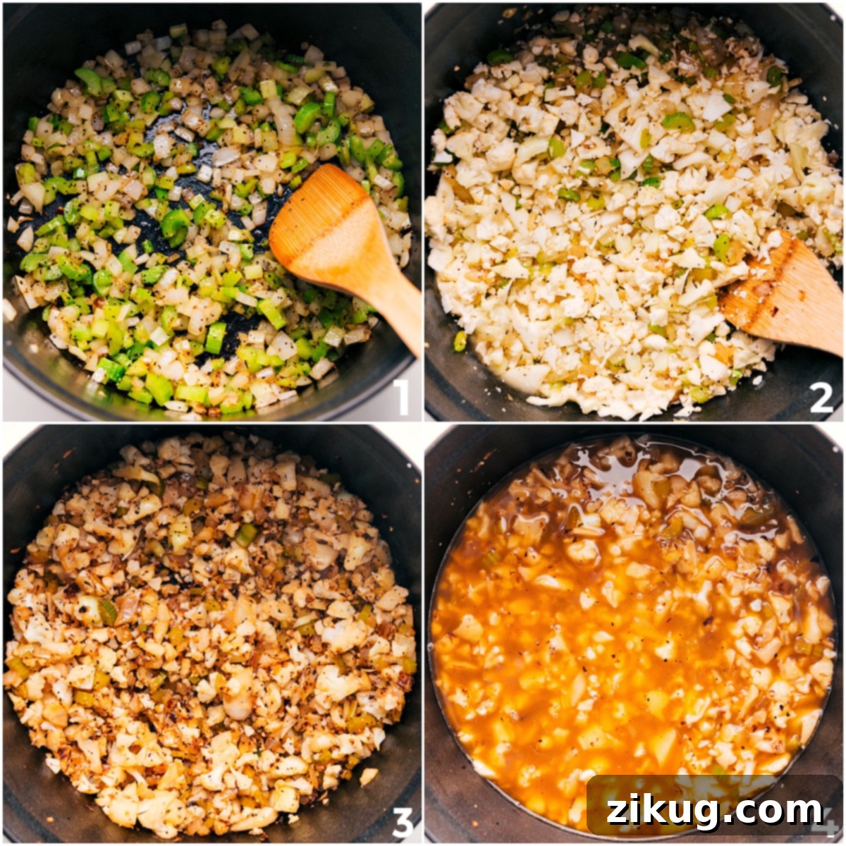 Step-by-Step Guide to Making Cauliflower Soup Freshly diced onions and celery are sautéing in a large pot, glistening with butter and olive oil, before the addition of broth and cauliflower for this incredibly creamy and flavorful cauliflower soup recipe. The gentle heat helps to soften the vegetables and release their aromatic essence, laying the perfect foundation for the soup.