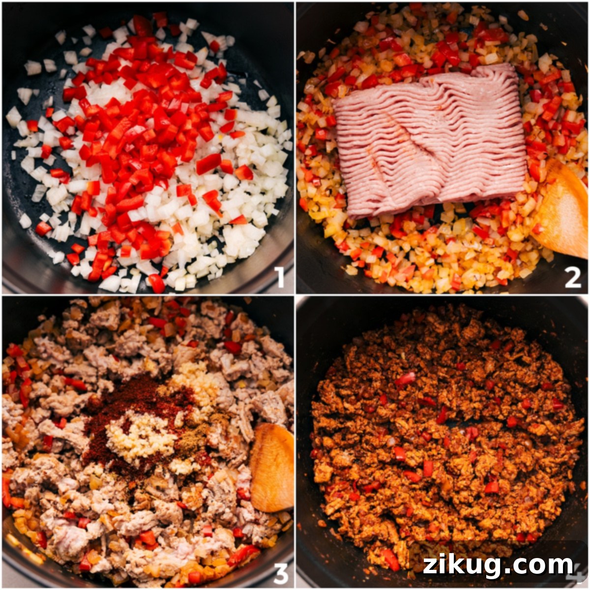 A visual progression of cooking: diced vegetables sautéing, ground meat browning, spices being stirred in, and the initial simmering phase for the Beef Enchilada Soup.