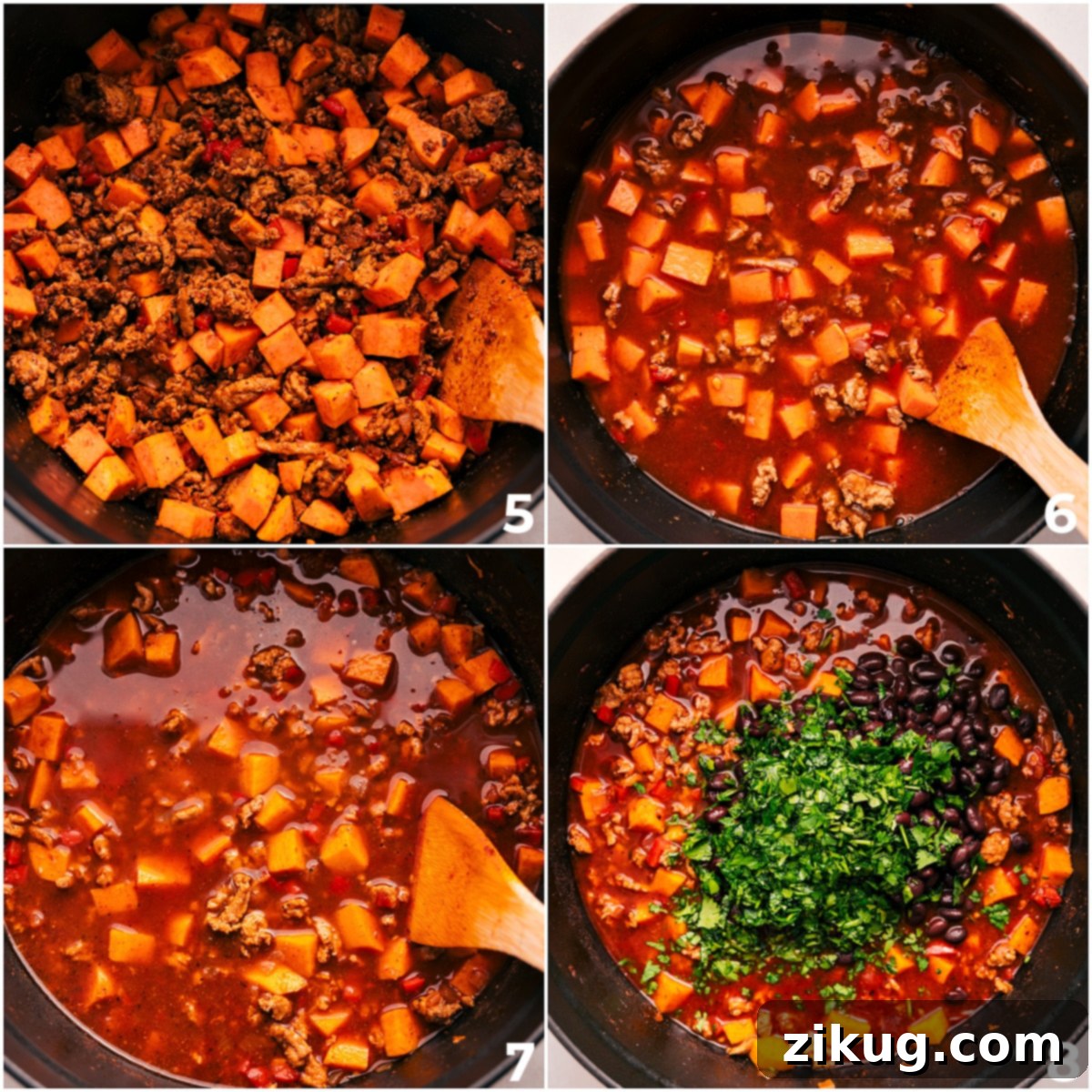 A close-up view of the rich broth, red enchilada sauce, herbs, and black beans being added to the simmering pot, highlighting the vibrant colors and textures of the soup.
