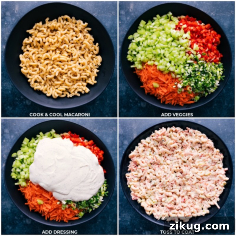 Detailed process steps for making Macaroni Salad: cooking and cooling pasta, adding vegetables, pouring dressing, and mixing everything together.