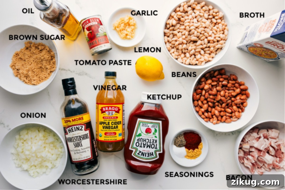 Ingredients In Baked Beans Recipe A vibrant display of all fresh ingredients for making homemade baked beans, including olive oil, brown sugar, finely diced onion, rich tomato paste, tangy apple cider vinegar, savory Worcestershire sauce, fresh garlic, a squeeze of lemon, classic ketchup, plump navy and pinto beans, a blend of spices, crisp bacon, and hearty chicken broth.