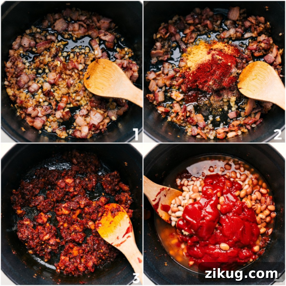 How To Make The Best Baked Beans A step-by-step visual guide to making the best baked beans: first, crispy bacon and golden onions sautéing in a pot; next, rich tomato paste and aromatic seasonings simmering together; finally, all remaining ingredients added to the pot for a delicious, slow-cooked baked beans recipe.