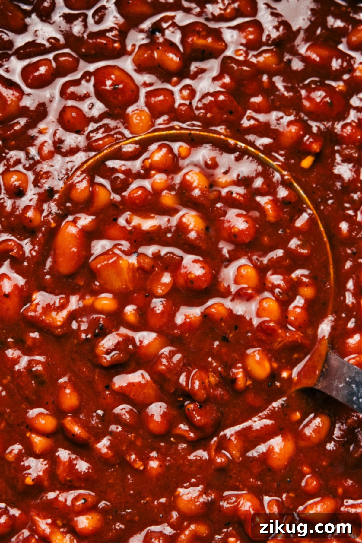 Flavorful And Delicious Baked Beans Recipe A large pot filled with rich, glossy baked beans, bubbling gently and ready to be served as the ultimate comforting side dish. The beans are perfectly tender, coated in a thick, savory-sweet sauce, promising a delightful culinary experience.