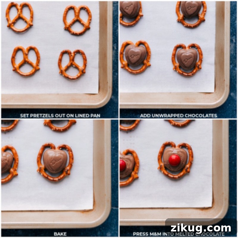 Process shots: Pretzels placed on a lined pan; chocolate added; pan is baked; chocolates are topped with red candies.