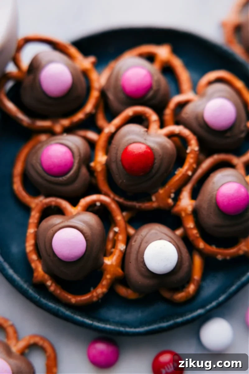 A plate full of Valentine's Pretzels, showcasing their delightful appearance.