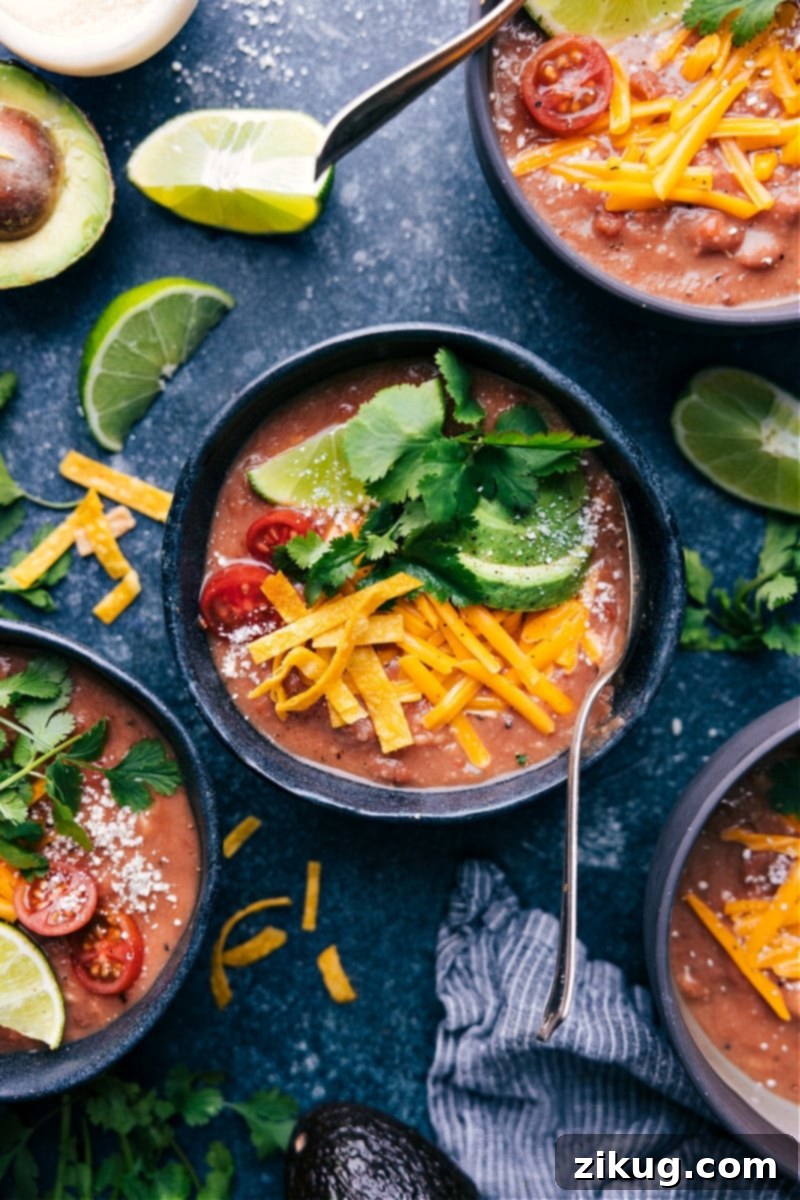 Hearty Pinto Bean Soup: Quick, Easy, Healthy, and Delicious – Perfect for Vegetarians and Vegans! A comforting bowl of creamy Pinto Bean Soup, garnished with fresh cilantro and a dollop of sour cream, served with crispy tortilla chips on the side.