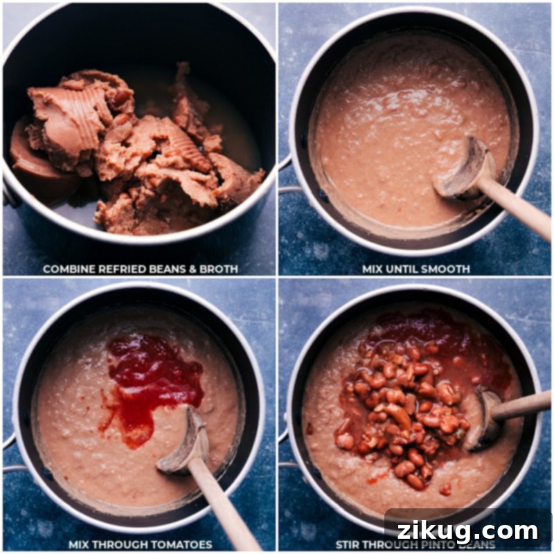 Easy Steps to Make Pinto Bean Soup: A Quick & Delicious Vegetarian Meal Step-by-step process of making Pinto Bean Soup, showing refried beans, broth, crushed tomatoes, and pinto beans being added to a simmering pot.