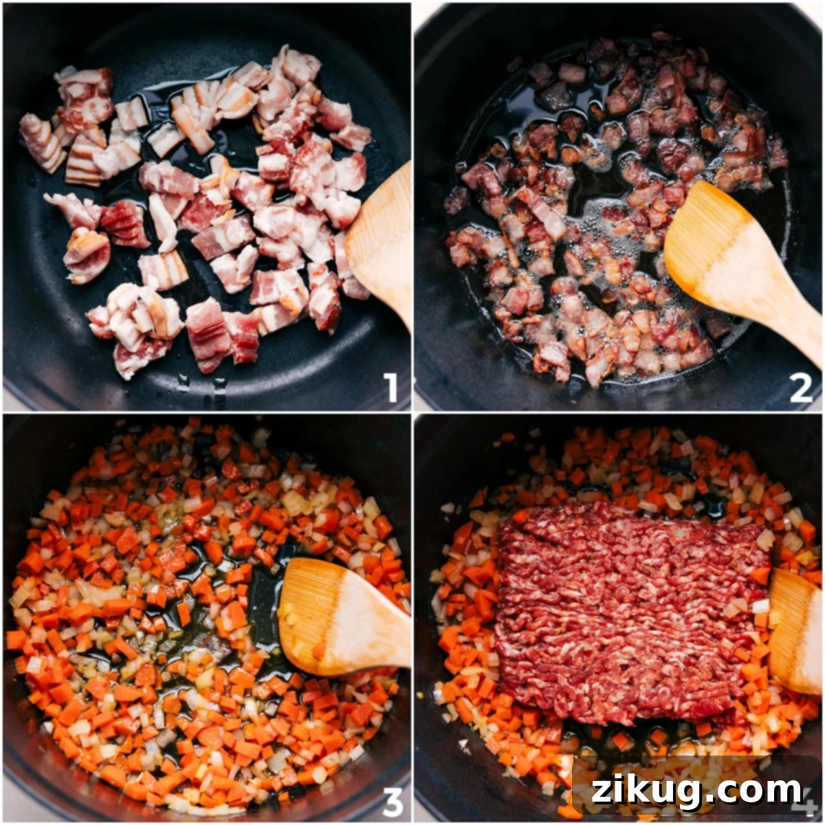 How To Make This Delicious One-Pot Tuscan Soup Recipe Step-by-step image showing bacon cooking until crispy in a large pot, then being removed, followed by diced vegetables sautéing in the rendered fat, and finally Italian sausage browning in the center of the pot for Tuscan soup.