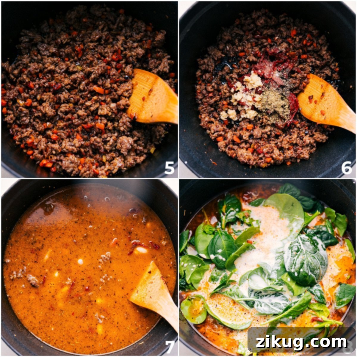 A Simple And Delicious One Pot Tuscan Soup Recipe - Simmering to Perfection The cooking process of Tuscan soup, showing broth, cream, spinach, and other ingredients simmering in a pot, ready to meld into a flavorful, creamy meal.