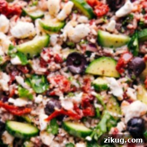 Delicious Mediterranean Brown Rice Salad with fresh vegetables and feta.