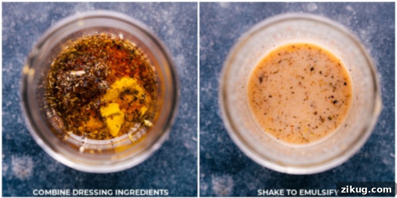 Process shots of preparing the Brown Rice Salad, specifically showing the vibrant lemon dressing being mixed in a jar.