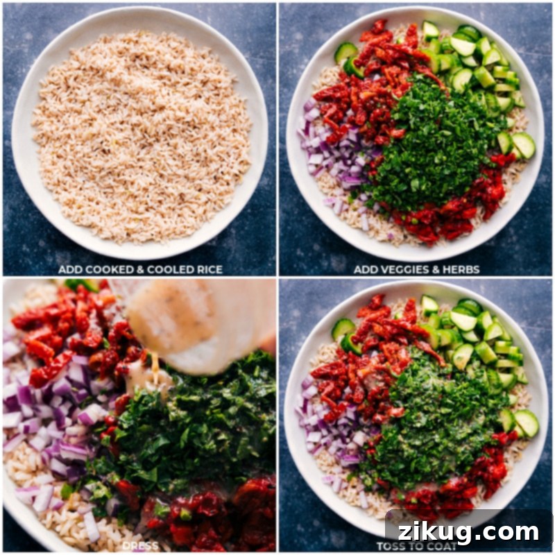 Process shots showing cooked brown rice in a bowl, with finely diced fresh herbs and vegetables being added on top, preparing to be mixed for the salad.