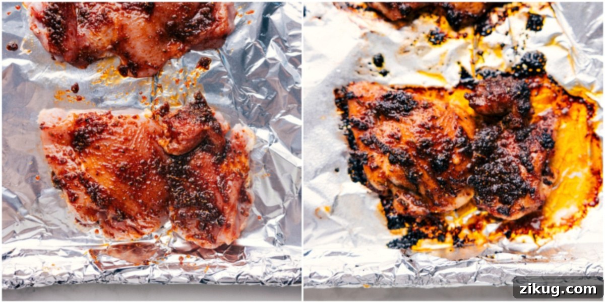 Perfectly Baked Blackened Jerk Chicken Recipe The spiced chicken being cooked to perfection in the oven, showing a delicious golden-brown char.