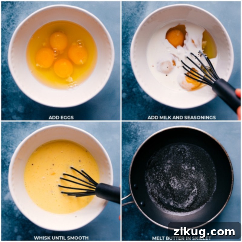 Preparing ingredients for the best creamy scrambled eggs Process shots showing eggs, milk, and seasonings in a bowl, followed by butter melting in a skillet