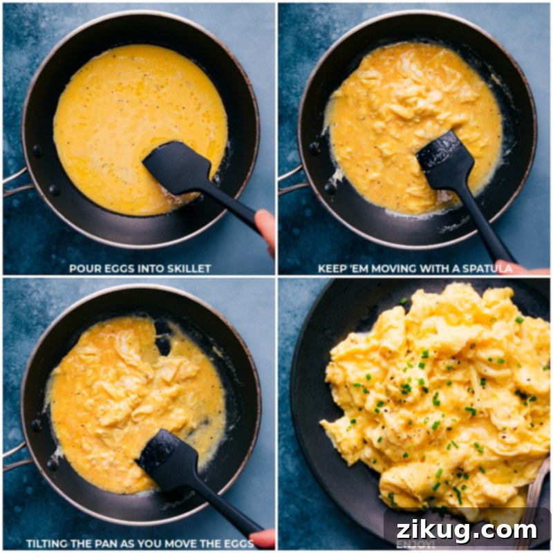 Cooking creamy and custardy scrambled eggs to perfection Process shots of Scrambled Eggs being gently cooked and folded in a skillet