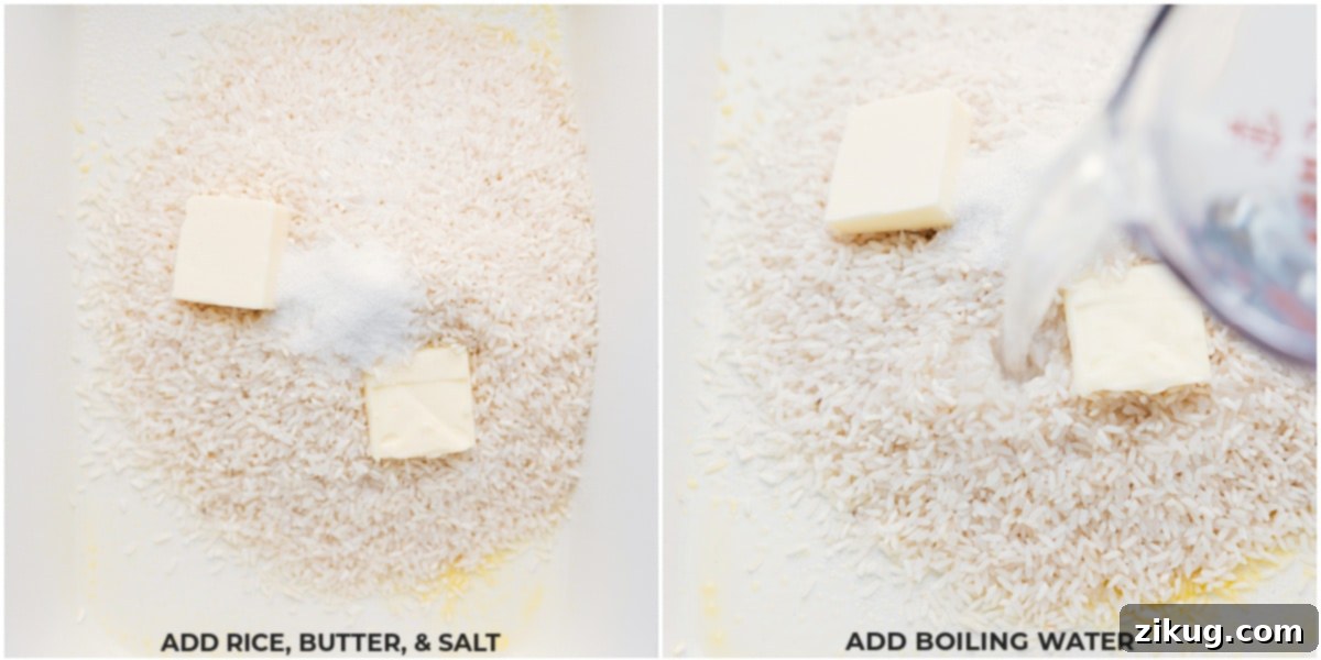 Basmati rice, butter, and salt being carefully combined with steaming hot boiling water in a baking pan before covering