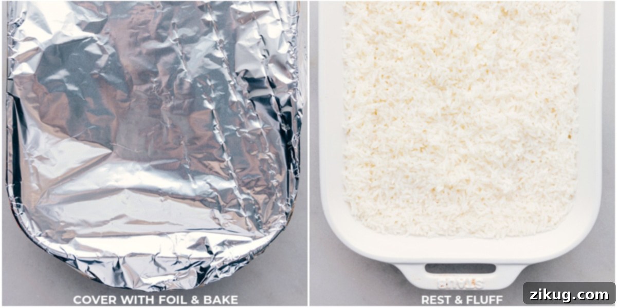 Baking dish containing prepared rice mixture, securely covered with two layers of aluminum foil, ready to be placed in the hot oven