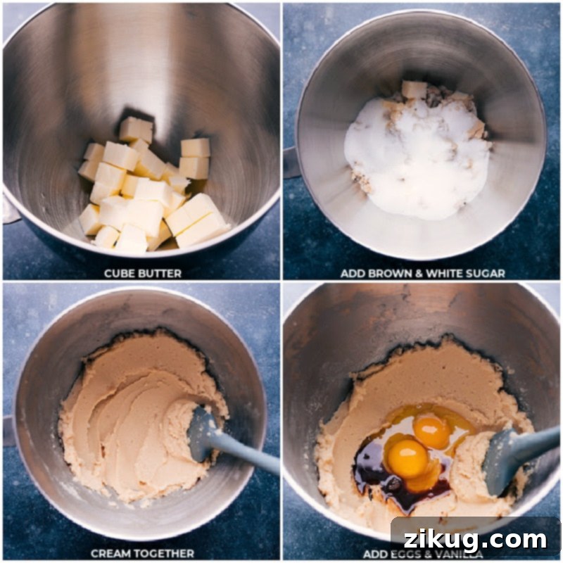 Attention cookie lovers! These Nutella-Stuffed Chocolate-Chip Cookies offer a perfect crunch, chewy interior, two chocolate chip types, and a gooey Nutella surprise. Recipe via chelseasmessyapron #dessert #best #quick #easy #simple #familyfriendly #kidfriendly #comfortfood #nutellastuffed #chocolatechip #cookies Process shots of Nutella-Stuffed Chocolate Chip Cookies showing butter, brown sugar, white sugar, eggs, and vanilla being added to a stand mixer