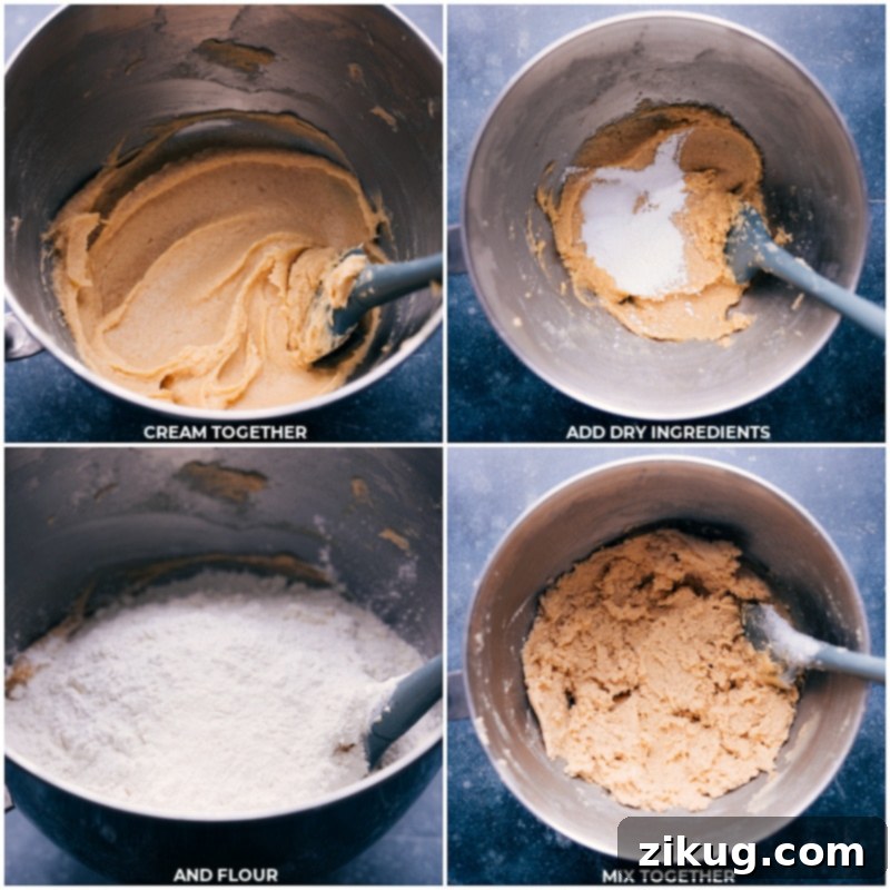 Attention all cookie lovers! Get ready to satisfy your sweet tooth with the ultimate indulgence - Nutella-Stuffed Chocolate-Chip Cookies! Recipe via chelseasmessyapron #dessert #best #quick #easy #simple #familyfriendly #kidfriendly #comfortfood #nutellastuffed #chocolatechip #cookies Process shots showing dry ingredients being added to the stand mixer for Nutella-Stuffed Chocolate Chip Cookies