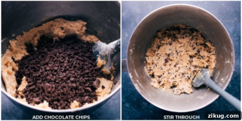 Nutella-Stuffed Chocolate-Chip Cookies! With a perfect balance of crunchy exterior and chewy interior, these cookies are loaded with two types of chocolate chips and an ooey-gooey Nutella surprise in the middle. Recipe via chelseasmessyapron #dessert #best #quick #easy #simple #familyfriendly #kidfriendly #comfortfood #nutellastuffed #chocolatechip #cookies Process shots of Nutella-Stuffed Chocolate Chip cookies showing chocolate chips being added and mixed through