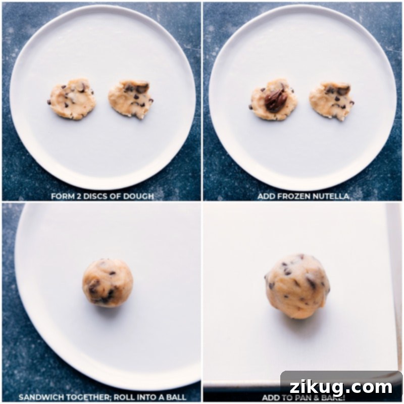 Nutella-Stuffed Chocolate Chip Cookies! Recipe via chelseasmessyapron #dessert #best #quick #easy #simple #familyfriendly #kidfriendly #comfortfood #nutellastuffed #chocolatechip #cookies Process shots showing two discs of dough being rolled out and frozen Nutella being added to the center, then sealed
