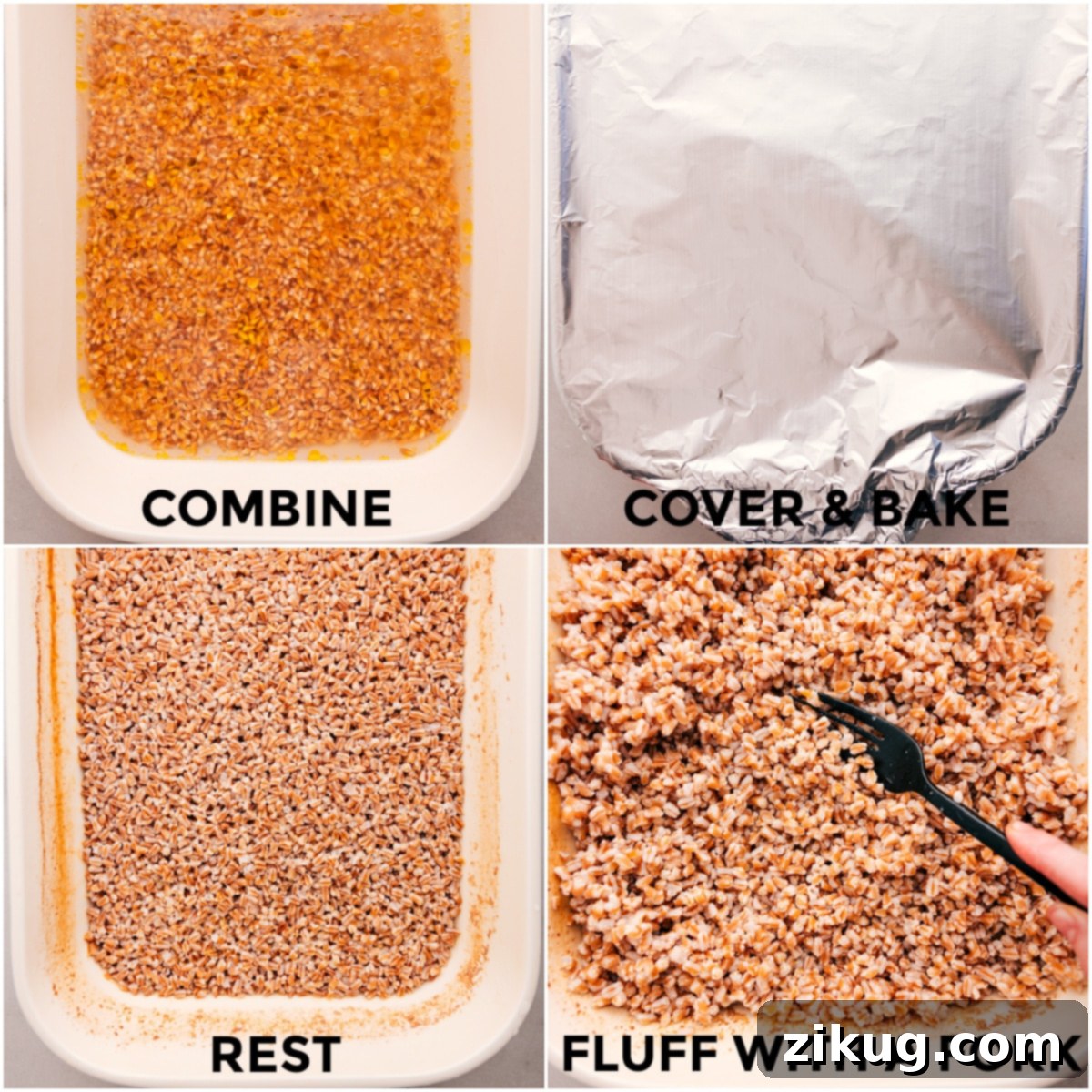Detailed steps on how to cook farro by combining all ingredients in a baking pan, covering, baking in the oven, and fluffing for perfect texture.