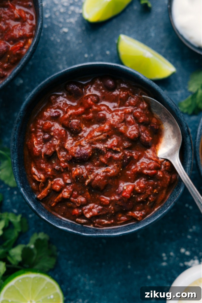 Our favorite Chili Con Carne recipe! This chili dish features succulent pieces of beef slow-cooked in a medley of crushed tomatoes, diced onions, and peppers. A tantalizing blend of chili spices and a touch of heat create a warm and comforting meal that's sure to satisfy. Serve it up with your favorite toppings and dive into a delicious bowl of the best chili ever! Recipe via chelseasmessyapron #dinner #quick #easy #simple #familyfriendly #kidfriendly #mexican #chili #concarne Overhead image of the Chili Con Carne ready to be enjoyed