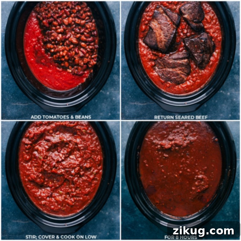 This chili dish features succulent pieces of beef slow-cooked in a medley of crushed tomatoes, diced onions, and peppers. A tantalizing blend of chili spices and a touch of heat create a warm and comforting meal that's sure to satisfy. Serve it up with your favorite toppings and dive into a delicious bowl of the best chili ever! Recipe via chelseasmessyapron #dinner #quick #easy #simple #familyfriendly #kidfriendly #mexican #chili #concarne Process shots of Chili Con Carne-- images of the tomatoes, beans, and seared beef being added to the crockpot