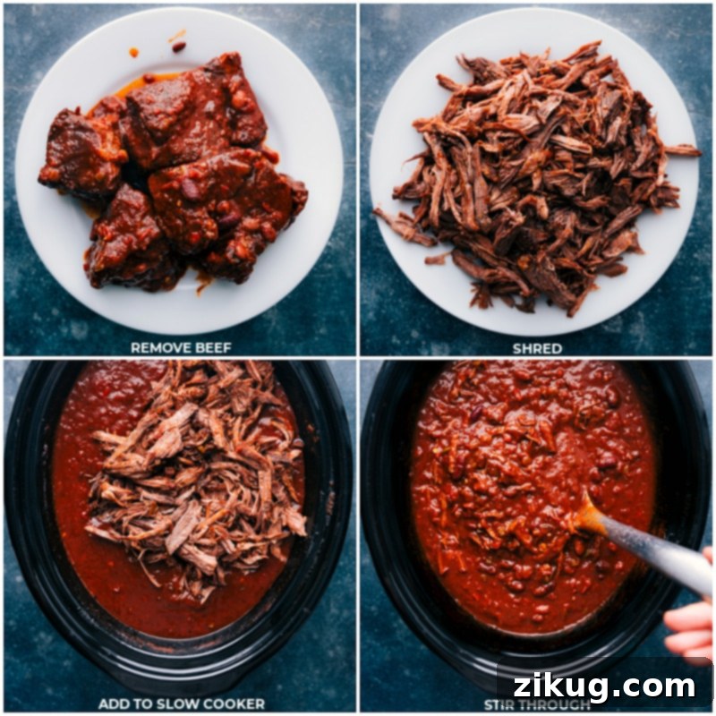 Treat your taste buds to a feast with our delectable Chili Con Carne recipe! Recipe via chelseasmessyapron #dinner #quick #easy #simple #familyfriendly #kidfriendly #mexican #chili #concarne Process shots of Chili Con Carne-- images of the beef being shredded and added back to slow cooker