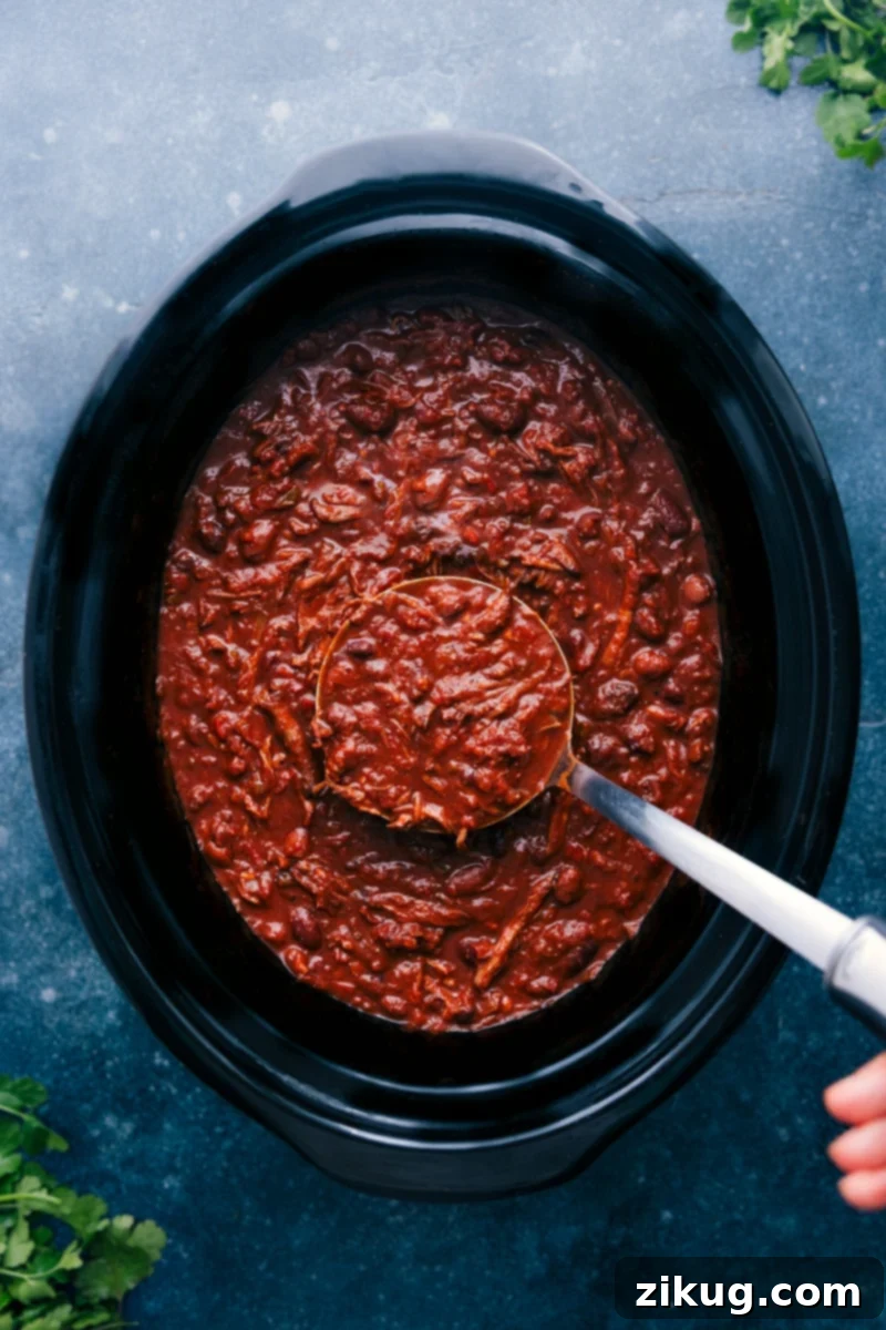 Chili Con Carne recipe! This chili dish features succulent pieces of beef slow-cooked in a medley of crushed tomatoes, diced onions, and peppers. A tantalizing blend of chili spices and a touch of heat create a warm and comforting meal that's sure to satisfy. Serve it up with your favorite toppings and dive into a delicious bowl of the best chili ever! Recipe via chelseasmessyapron #dinner #quick #easy #simple #familyfriendly #kidfriendly #mexican #chili #concarne Overhead image of the dish freshly done cooking in the crockpot