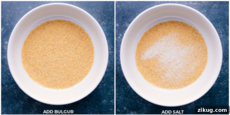 Discover the secret to perfectly fluffy and flavorful bulgur in this guide for How To Cook Bulgur Wheat! Say goodbye to bland and mushy side dishes, and hello to delicious and nutritious. Not only is bulgur quick and simple to make, but it's also packed with health benefits, making it a great addition to any meal. Process shots of how to cook bulgur wheat, showing bulgur being added to a bowl with salt