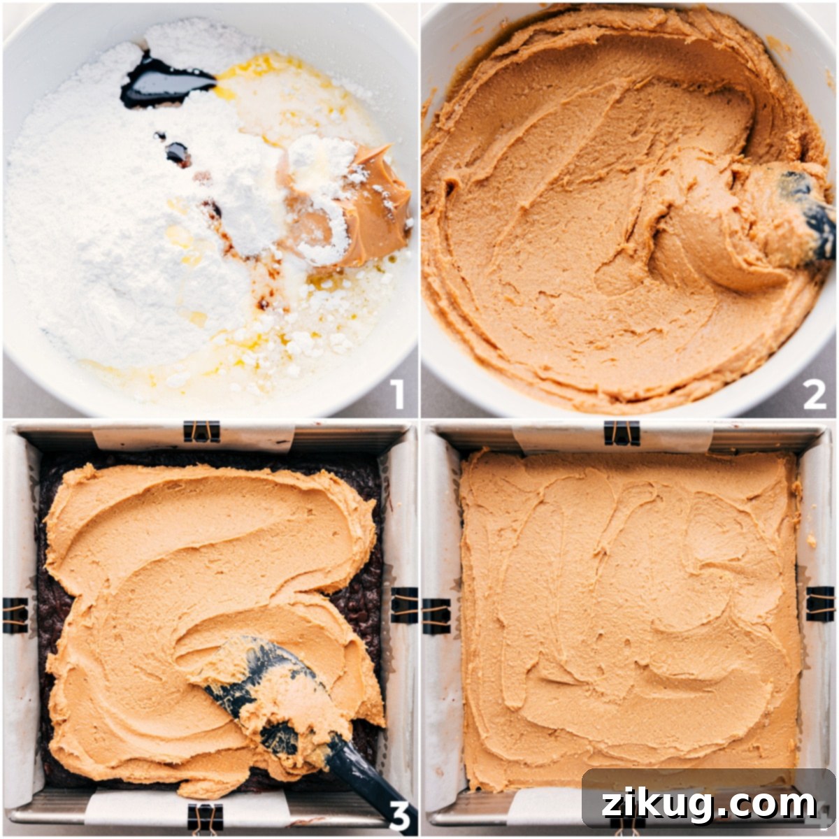 Melted butter, creamy peanut butter, vanilla extract, powdered sugar, and a pinch of salt being mixed together for the peanut butter layer of Buckeye Brownies.