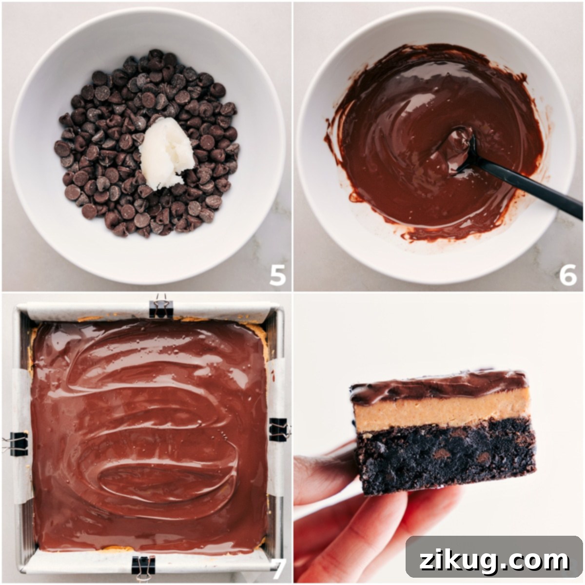 The smooth chocolate topping melts and is prepared to be spread over the peanut butter layer on Buckeye Brownies.