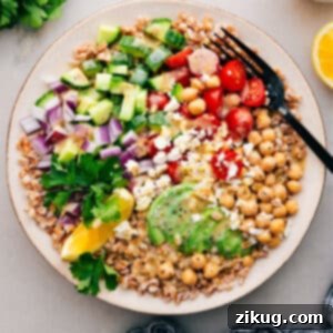 The finished Grain Bowl with a delicious lemon-tahini dressing, ready to be enjoyed.