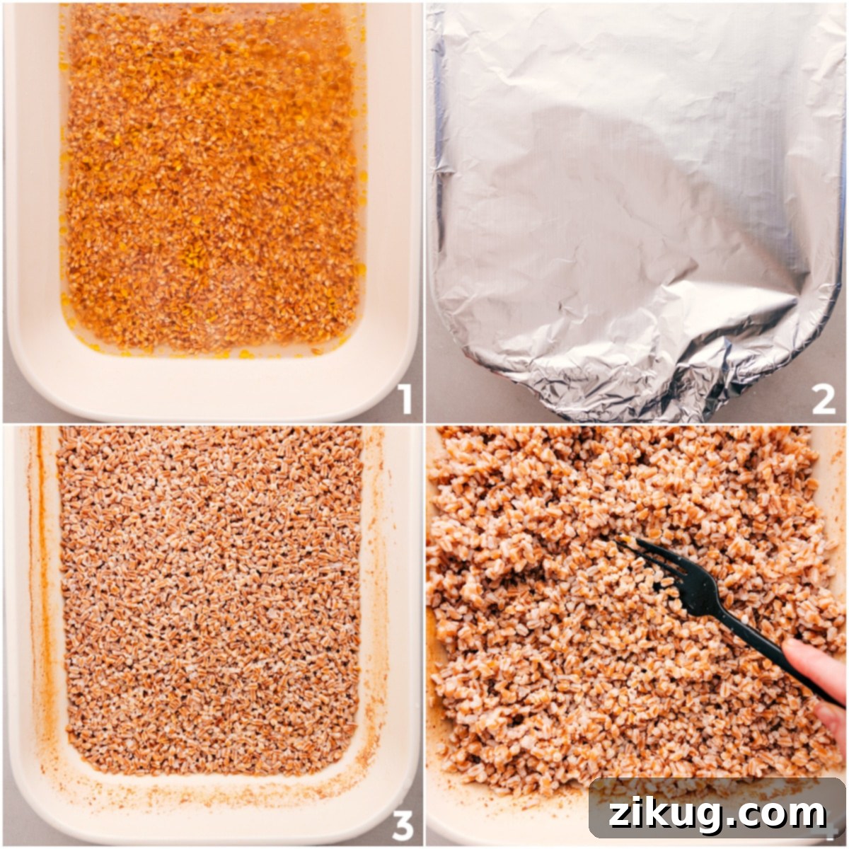 Cooked farro is fluffed in a casserole dish, showcasing its perfect texture and readiness to be incorporated into the grain bowl.
