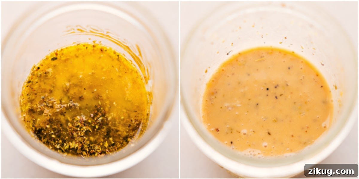 All dressing ingredients are combined in a mason jar, shaken, and ready to be drizzled over the grain bowl, highlighting the ease of preparation.