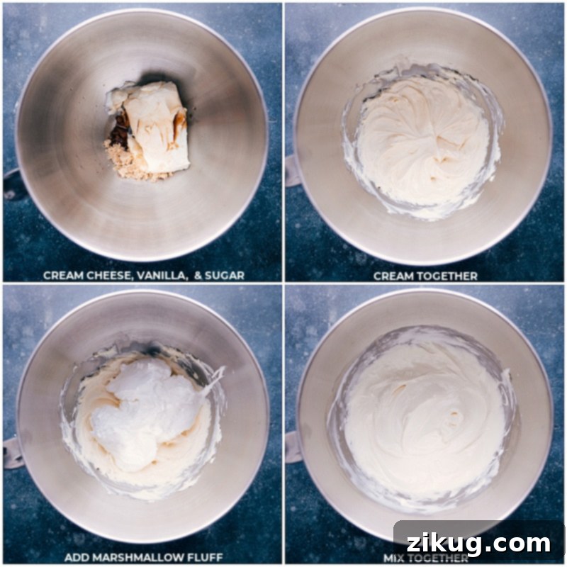 Close-up shot of ingredients being mixed together in a stand mixer, highlighting the smooth incorporation of marshmallow fluff with cream cheese to create the base for chocolate chip dip.