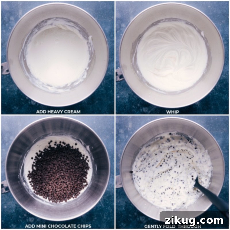 A close-up view of heavy cream being whipped in a bowl, followed by mini chocolate chips being gently folded in by hand with a spatula, creating the final texture for the chocolate chip dip.