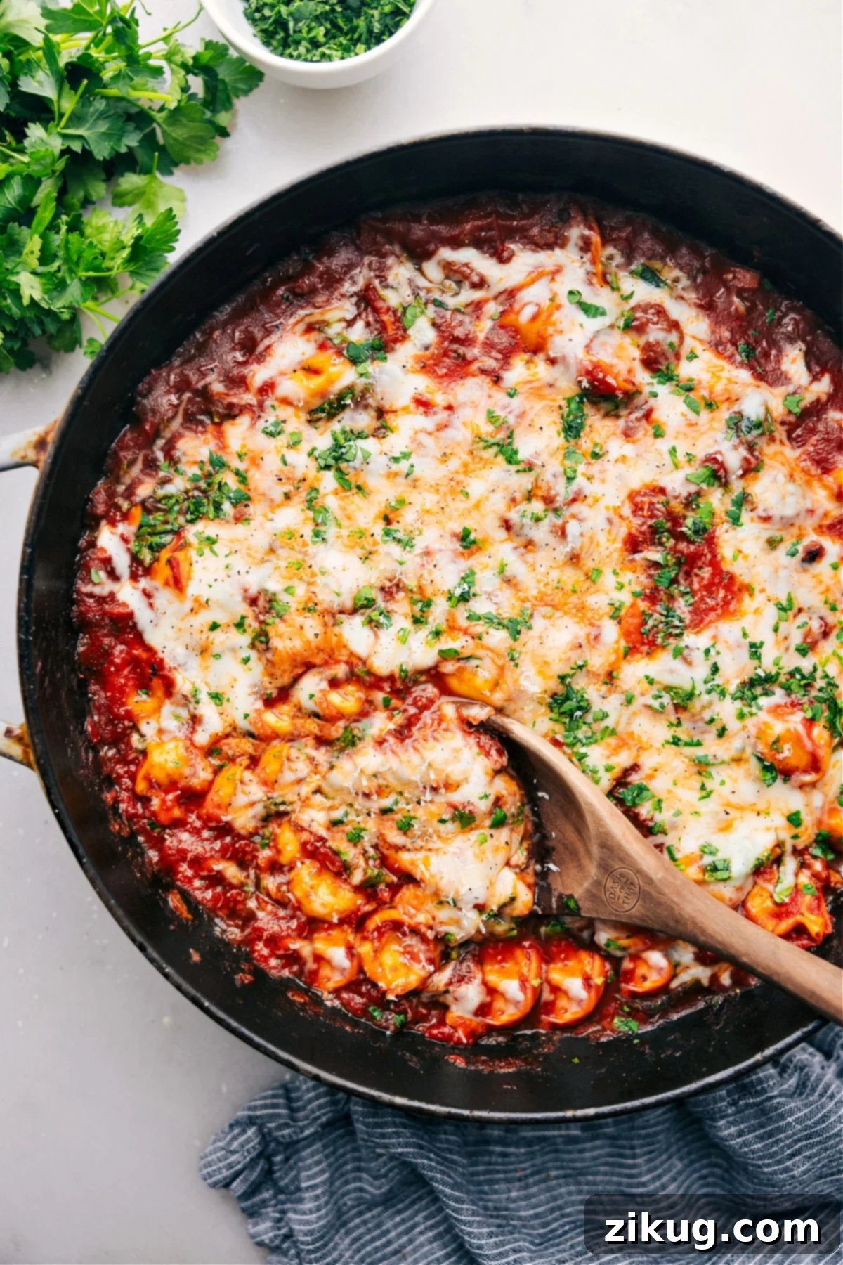 The Best Baked Tortellini Baked Tortellini fresh out of the oven, topped with golden cheese and fresh parsley.
