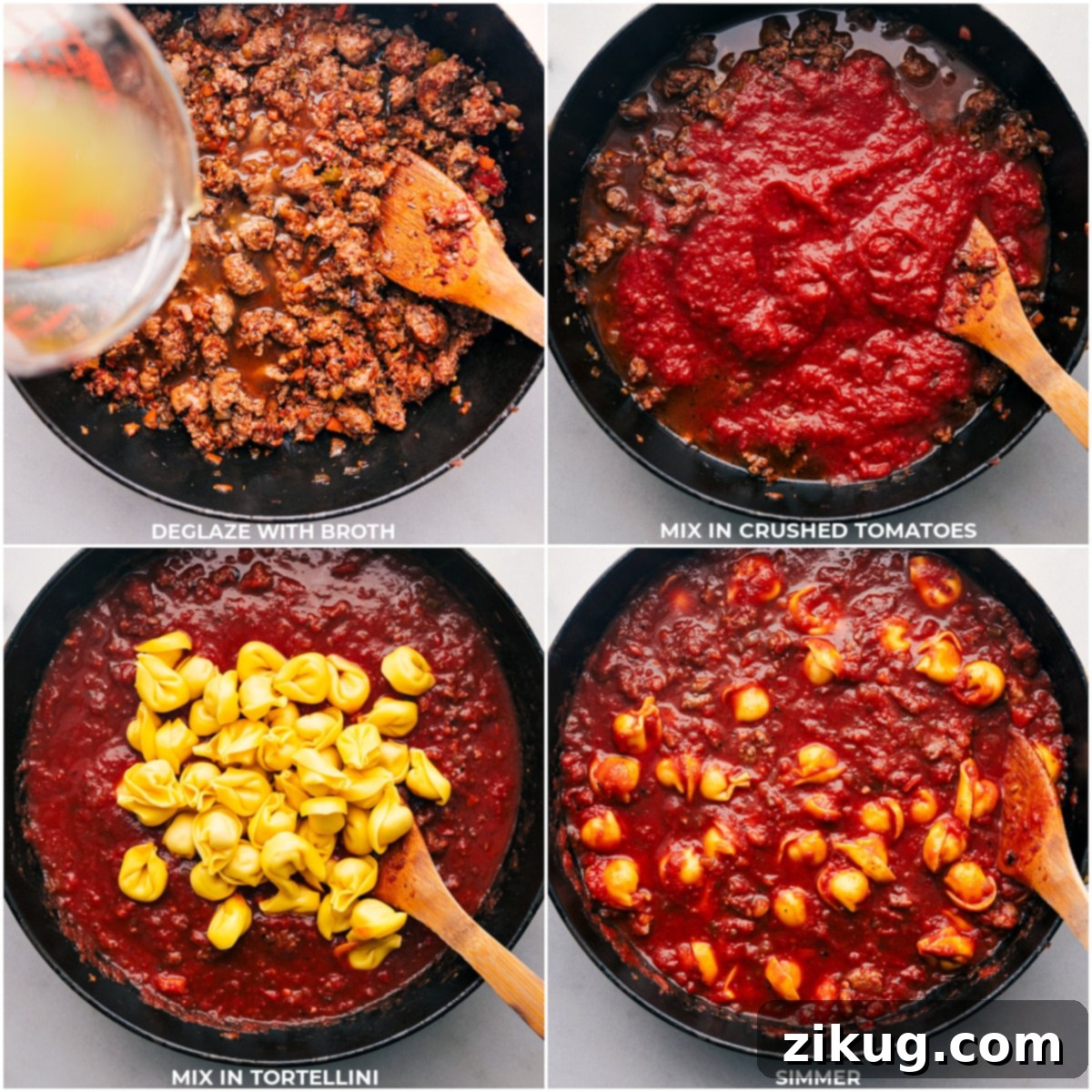Making Baked Tortellini Chicken stock, crushed tomatoes, and the pasta being added to the pan and it all simmering together, creating a harmonious sauce.