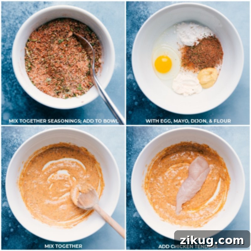 Sheet Pan Chicken and Zucchini: Making the batter and coating the chicken tenders. Perfect for a quick, easy, one-pan dinner. #dinnerideas #chickenrecipe #zucchini Process shots showing how to make the batter for sheet pan chicken and zucchini by mixing seasonings, egg, mayo, Dijon, and flour, then adding chicken tenders.