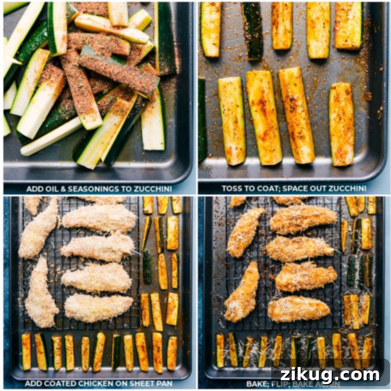 One-Pan Chicken and Zucchini Bake 3 Sheet Pan Chicken and Zucchini roasting in the oven to crispy perfection, golden brown and delicious.