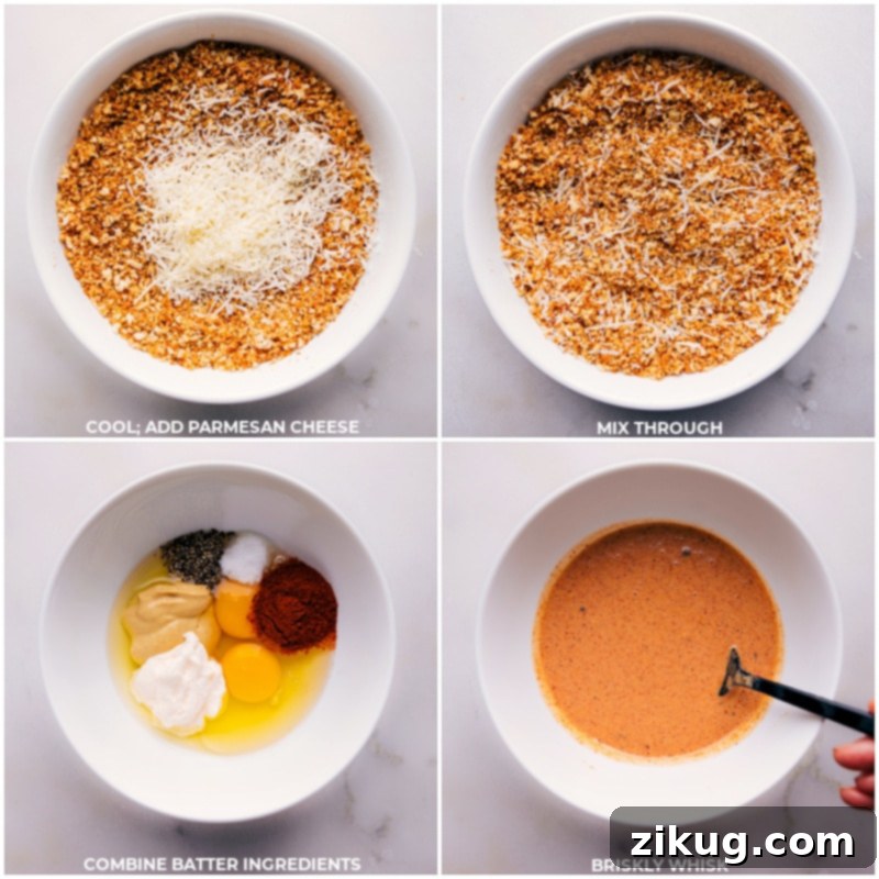 Preparing the Parmesan Panko Breading and Flavorful Batter Process images showing Parmesan cheese being added to the toasted Panko mixture and the wet batter ingredients being whisked together in a bowl.