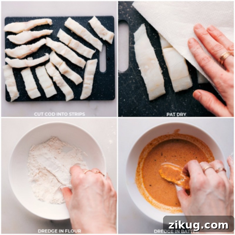 Step-by-Step Coating for Homemade Fish Sticks Process images showing cod being cut into strips, then dipped in flour, and finally dredged in the wet batter mixture.