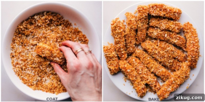 Coating Cod Strips in Crispy Panko Breading Overhead image of fresh cod strips being coated in the crispy Panko breadcrumb mixture.