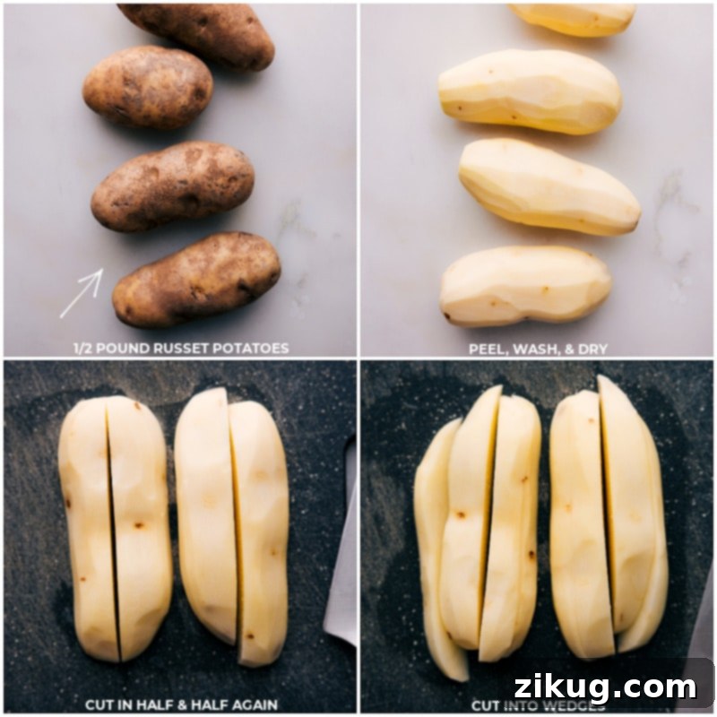 Washing, peeling, and precisely cutting russet potatoes into uniform wedges on a wooden board, preparing them for baking.