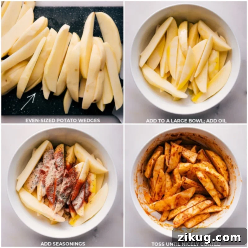 Raw potato wedges being tossed in a large metal bowl with a generous amount of olive oil and a vibrant blend of spices, ensuring even coating.