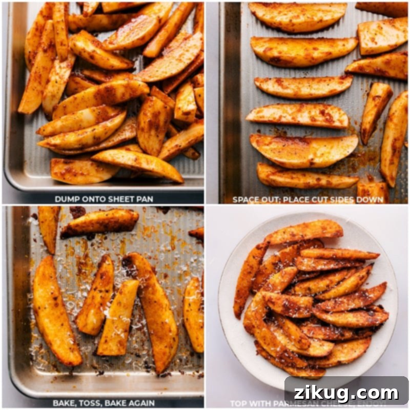 Freshly roasted potato wedges, golden-brown and steaming hot, garnished generously with freshly shaved Parmesan cheese and chopped fresh parsley.
