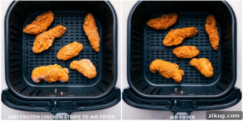 Perfectly Crispy Chicken Strips for Your Asian Wraps Chicken strips being expertly air-fried to achieve perfect crispiness, ideal for Asian Chicken Wraps.
